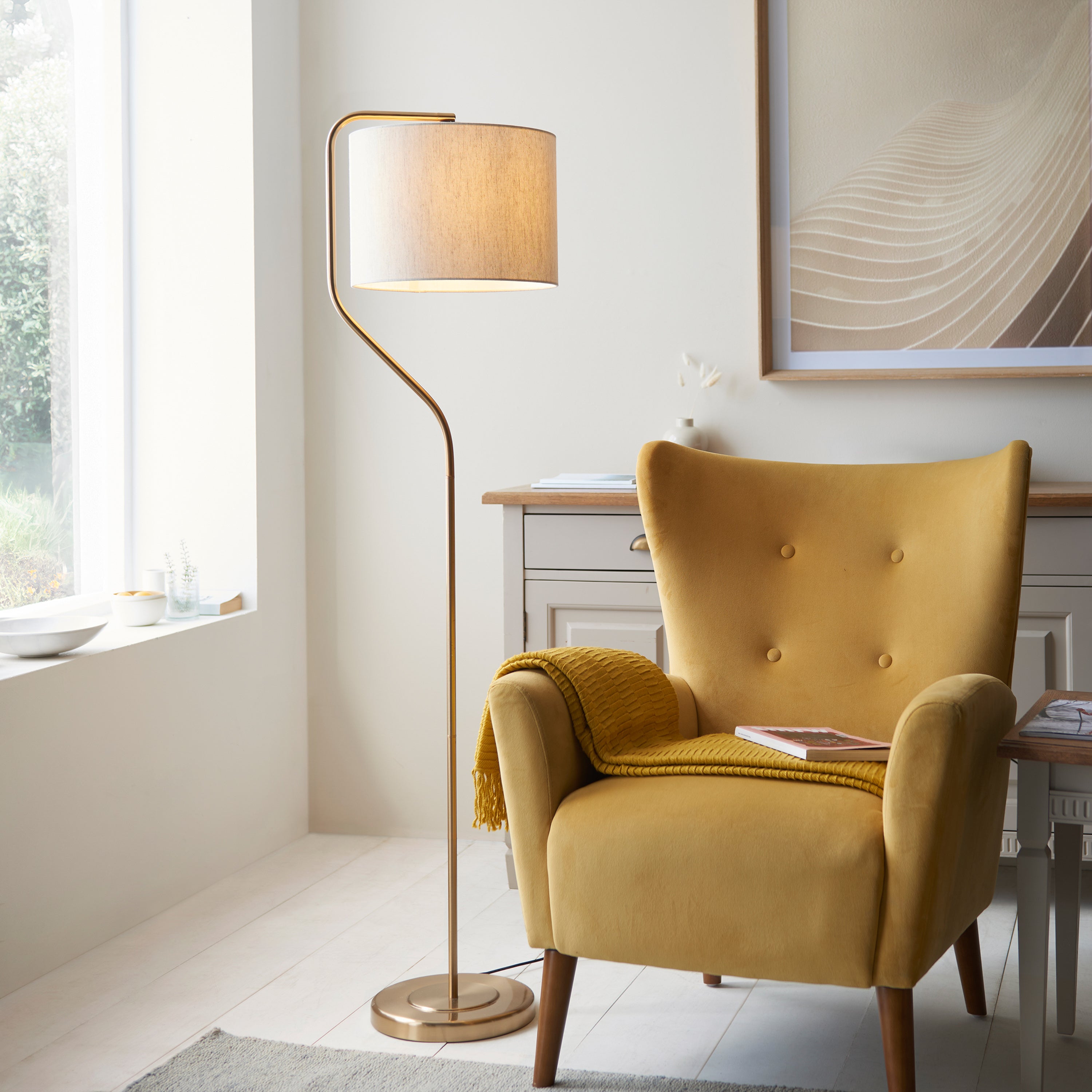 Sorrell Brushed Aged Brass & Natural Linen Floor Lamp